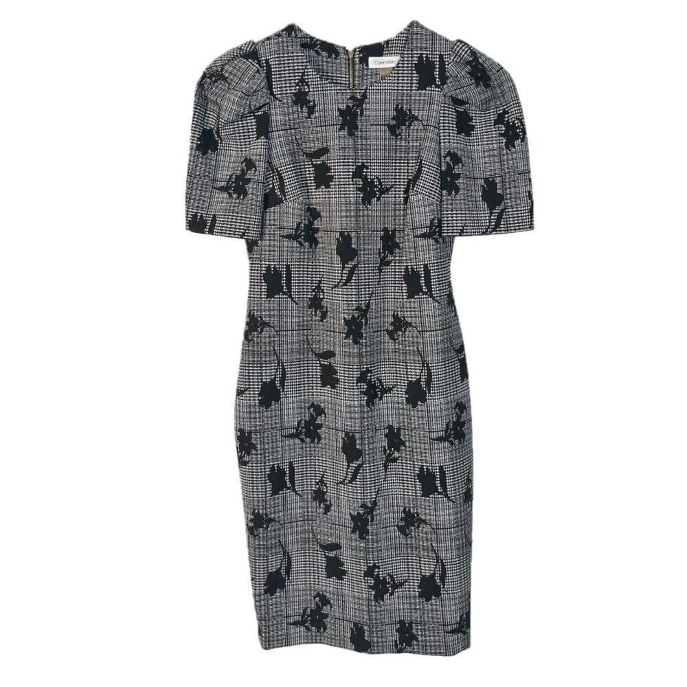 Calvin Klein Plaid Floral Princess Puff Sleeve Sheath Dress Size 4